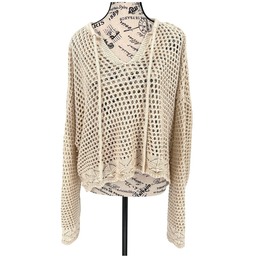 Audrey Parks x Francesca's Open Knit Sweater XL Beige Boho Tie Front‎ EUC